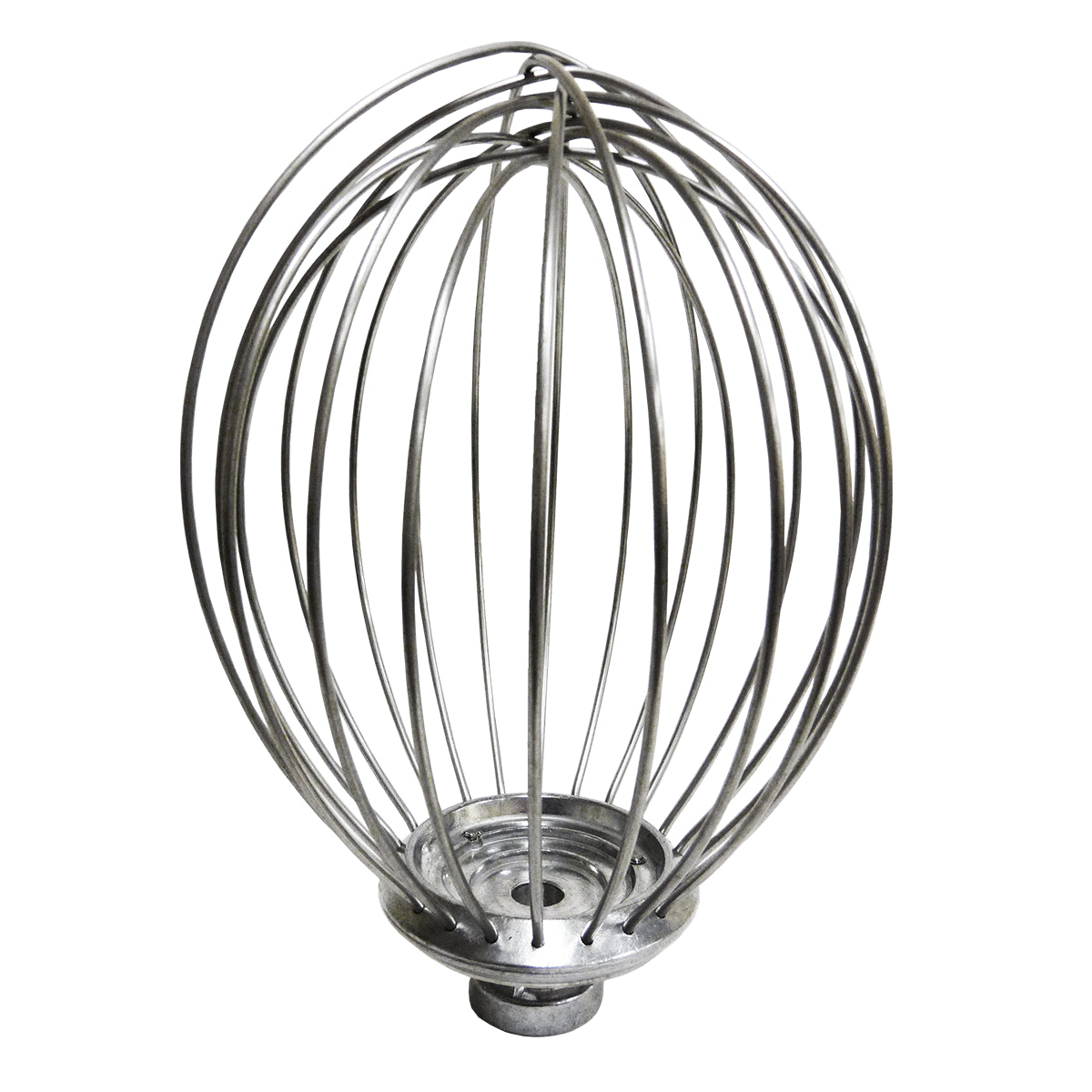 A stainless steel Wire Whip balloon whisk attachment for an 8 qt. mixer, featuring multiple curved wires forming an oval cage shape with a round base designed to fit securely into the mixer.