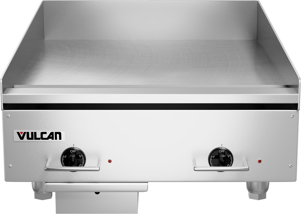 A polished steel Heavy Duty Griddle with a flat cooking surface, two labeled control knobs, indicator lights, and the Vulcan brand logo on the front. This electric countertop griddle features tall side and back splashes and stands on short legs.