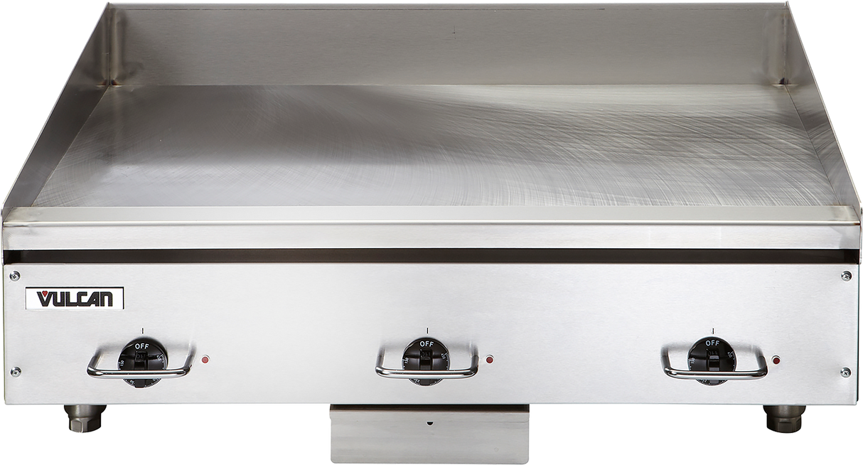 A heavy duty, 36 inch electric countertop griddle with three “OFF” control knobs, a flat cooking surface, a raised backsplash, and a front-facing panel featuring the “Vulcan” brand logo on the left side.