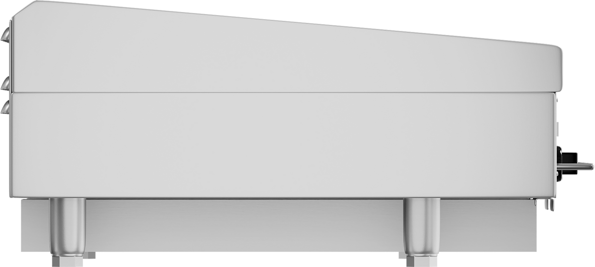 Side view of a large, stainless steel heavy duty griddle raised on four metal legs, with a slightly slanted top and a control knob on the right side. The minimalist, boxy design is typical of commercial kitchen appliances.