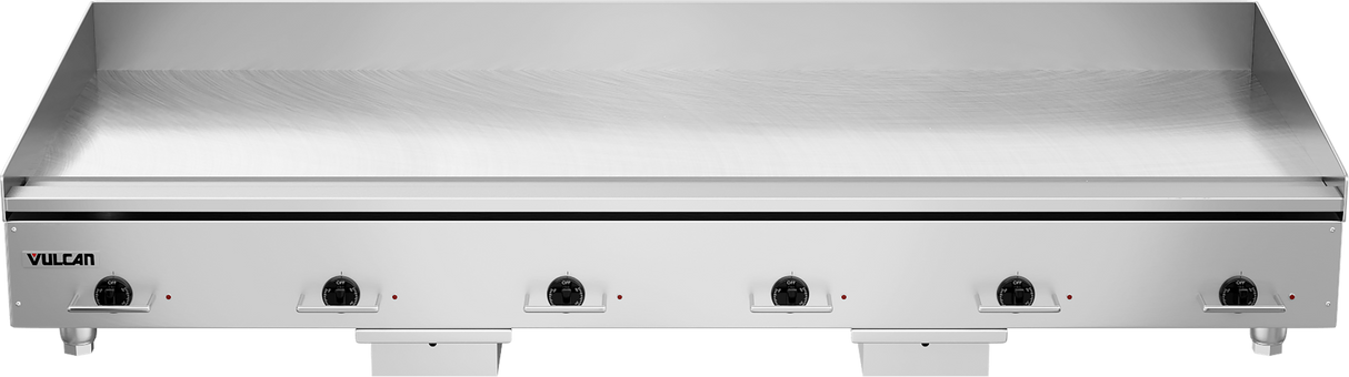 A large, heavy duty 72" electric countertop griddle features six control knobs, a raised back and side splash guard, and the Vulcan logo on the front left. Its smooth stainless steel surface is ideal for cooking multiple items in a professional kitchen.