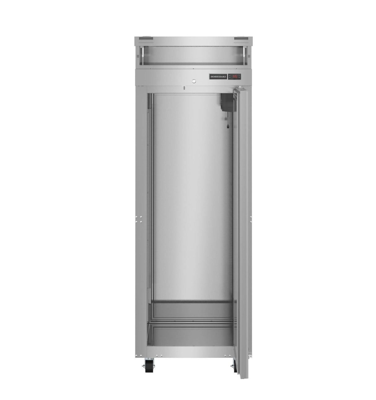 A stainless steel commercial refrigerator with a single open, pass-thru door reveals empty shelves inside. The sleek, industrial design suits professional kitchens, and the exterior features a digital display panel near the top right corner.