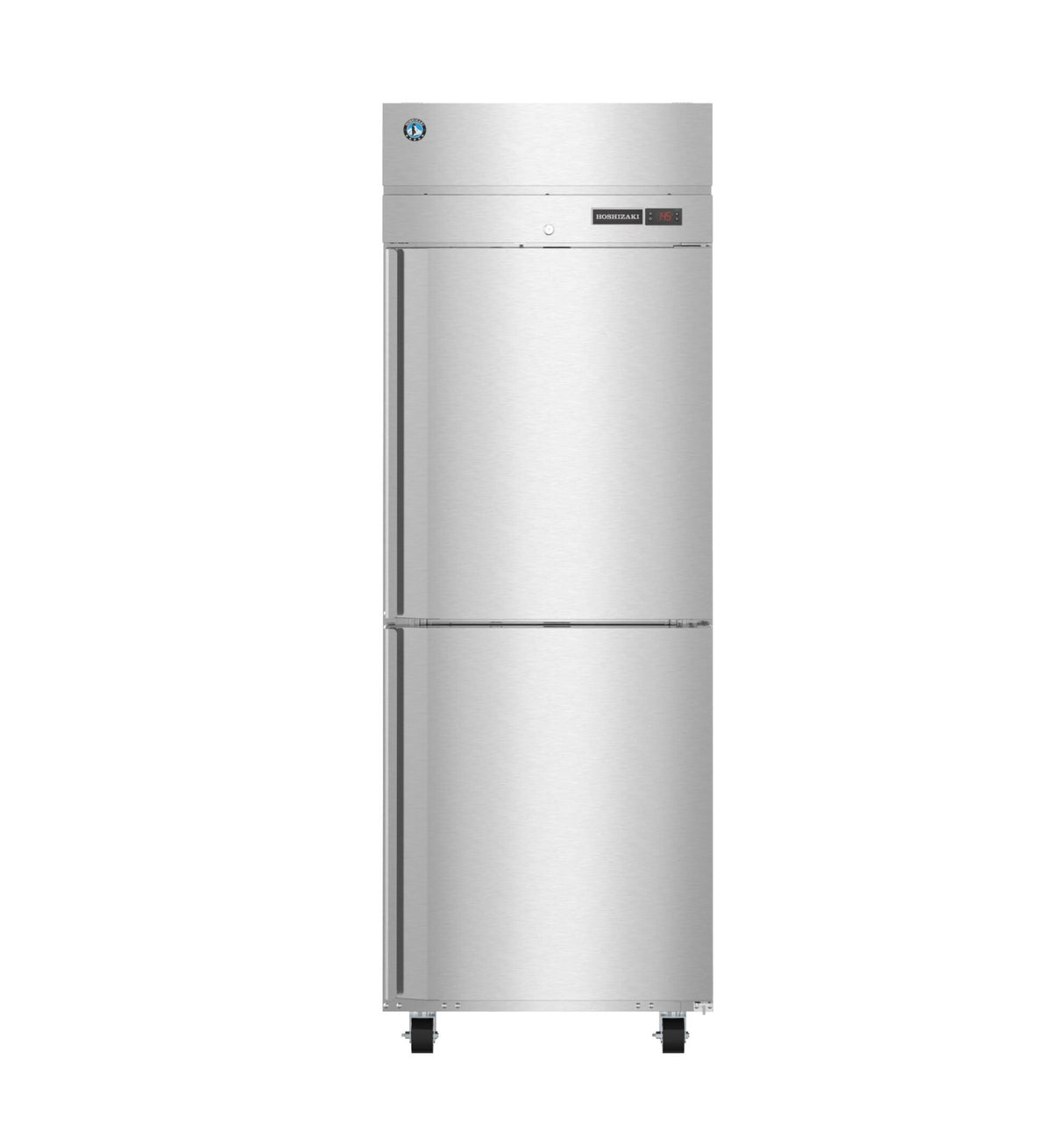 A stainless steel reach-in commercial refrigerator stands upright with two separate doors, one above the other, and a digital control panel on the top door. The smooth, reflective surface is supported by four black adjustable legs.