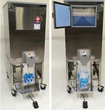 Side-by-side images of a Hoshizaki ice bagging system on wheels; the left shows it closed with a bag of ice below the dispenser, while the right displays the top door open, revealing ample ice storage. A foot pedal controls the dispenser.