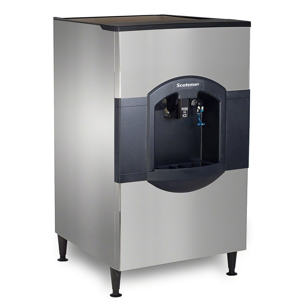 A hotel ice dispenser with a stainless steel exterior, black front panel, and push levers labeled PUSH FOR ICE. The ADA compliant Scotsman unit stands on four black legs and features a front dispensing area above its 180 lb storage capacity.