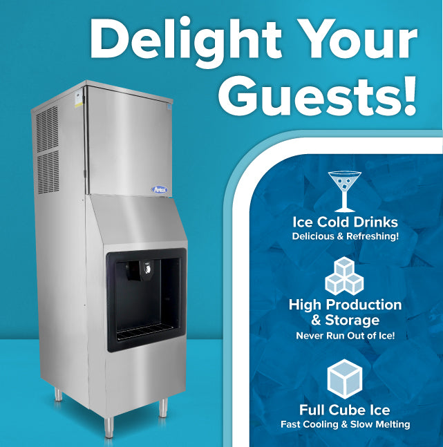 A tall, stainless steel hotel ice machine stands on a blue background. White text above reads, “Delight Your Guests!” On the right, icons and text highlight ice cold drinks, high production & storage, and full cube ice benefits.