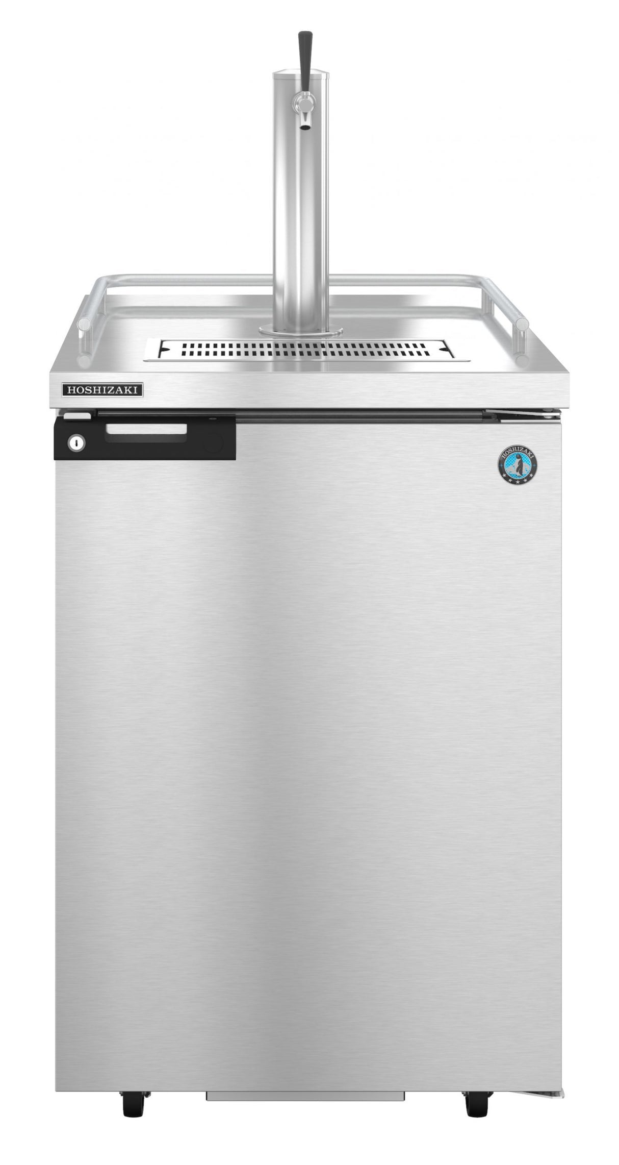 A Hoshizaki stainless steel Draft Beer Cooler kegerator features a single tap beer dispenser, flat drip tray, circular temperature gauge on the right, lockable door, and stands on four small legs against a white background.