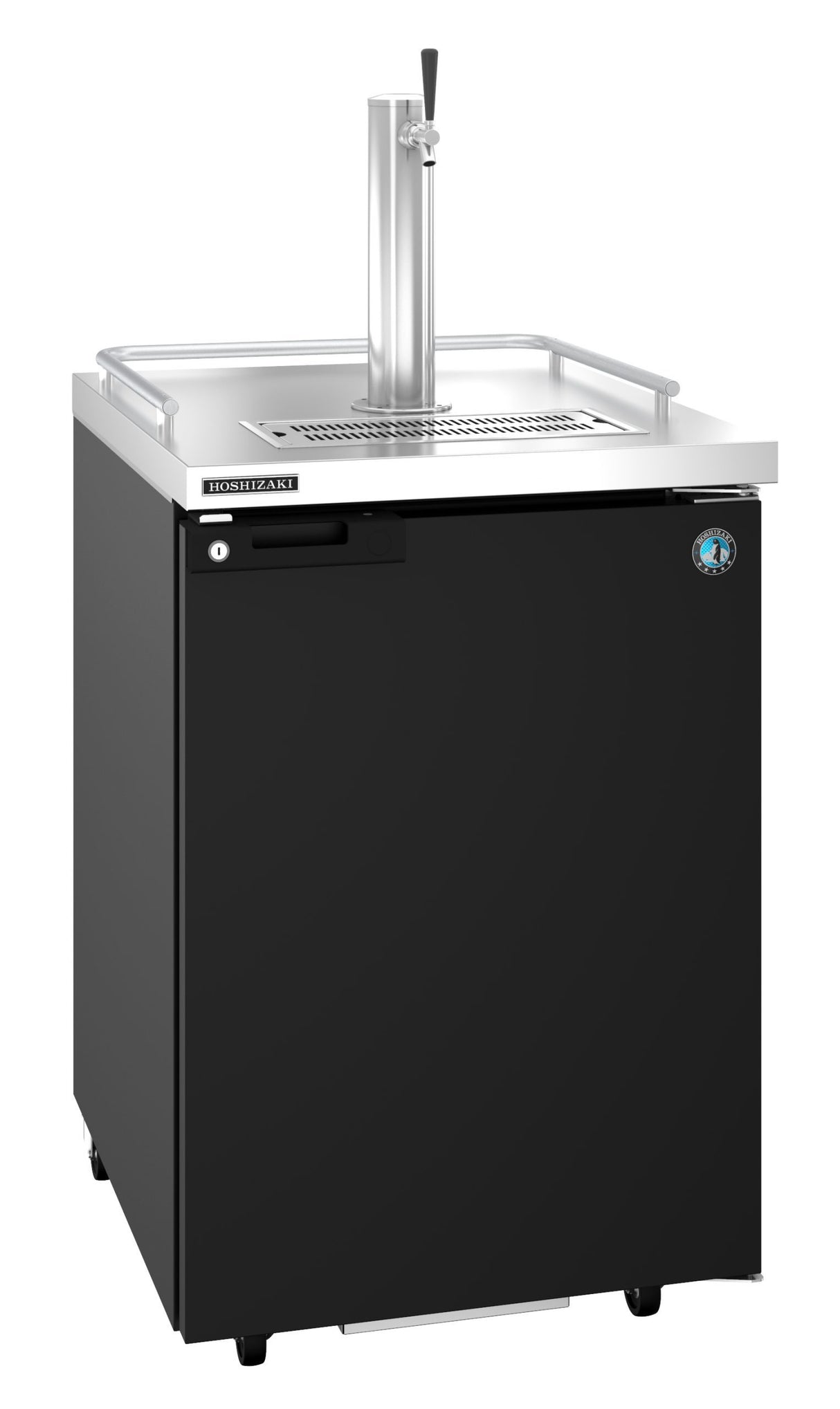 A black, freestanding keg cooler with a stainless steel top, drip tray, and single draft beer tap. The appliance has small wheels for mobility and features a logo sticker on the upper right corner of the front door—a perfect direct draw Draft Beer Cooler.