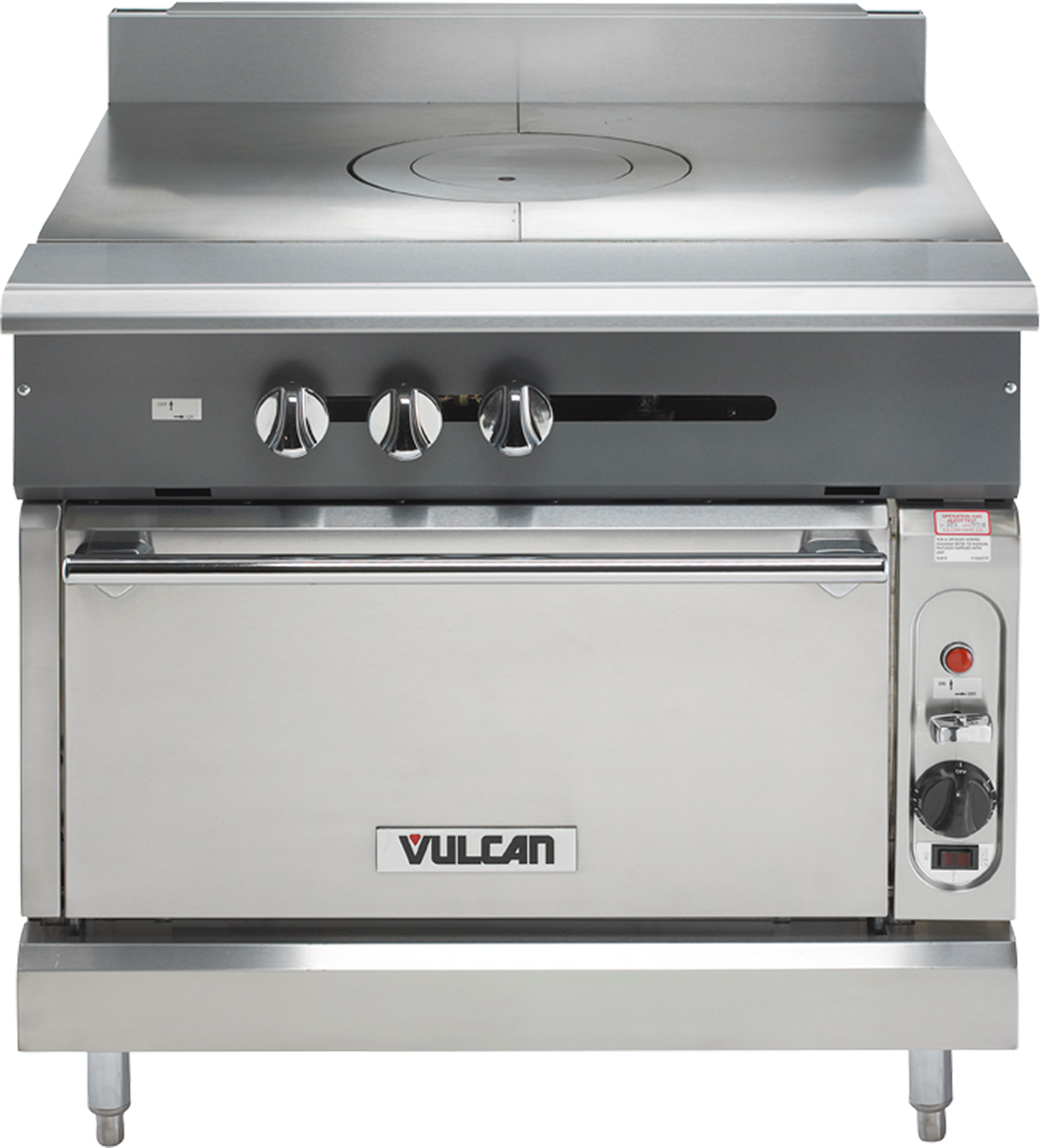 A heavy duty, 36 inch Vulcan range with a flat French top cooktop, three control knobs, a silver oven door featuring the Vulcan logo, and a temperature dial on the right. Made of stainless steel, it boasts a sturdy industrial design.