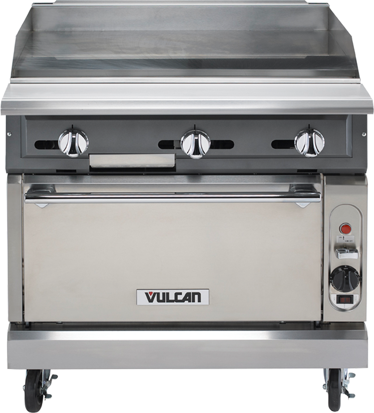A commercial stainless steel Vulcan heavy duty range featuring a flat gas griddle, three control knobs, an oven door below with the Vulcan logo, casters for mobility, plus a red ignition button and temperature dial on the lower right.