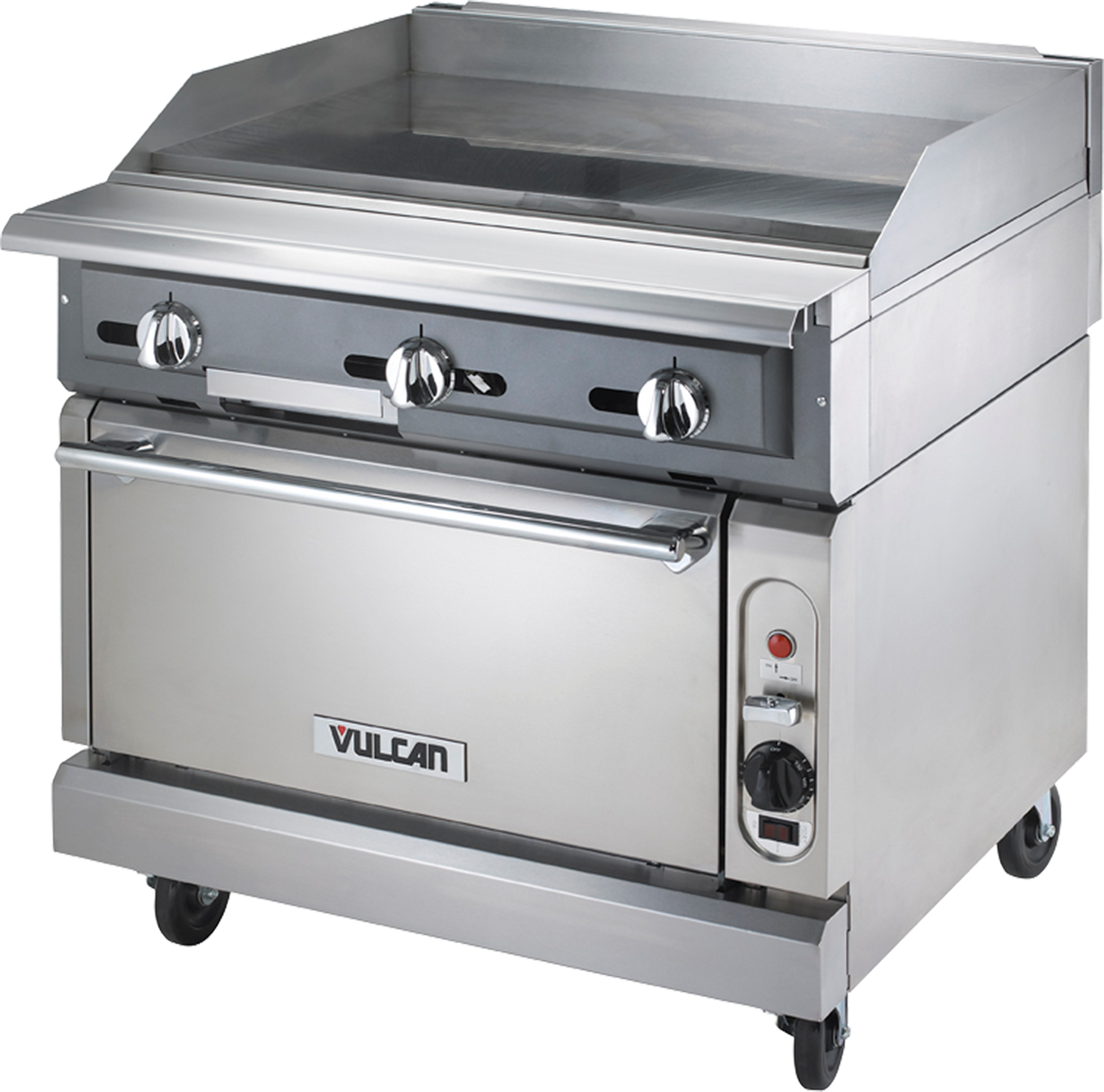 A commercial-grade heavy duty range with a flat gas griddle top, standard oven below, three control knobs, and casters for mobility. The Vulcan brand is visible on the sleek, utilitarian stainless steel design.
