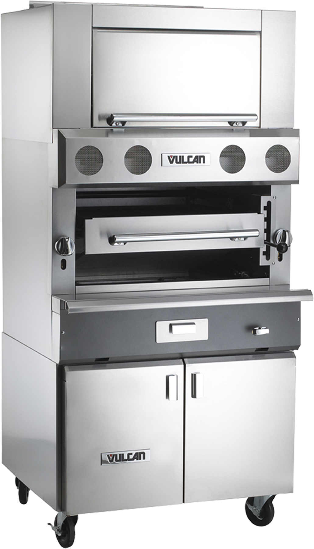 A large, heavy duty broiler with the Vulcan logo, this stainless steel commercial unit features ceramic radiant burners, a top broiling chamber with drop-down door, control knobs, middle grilling section, and a lower cabinet on caster wheels.