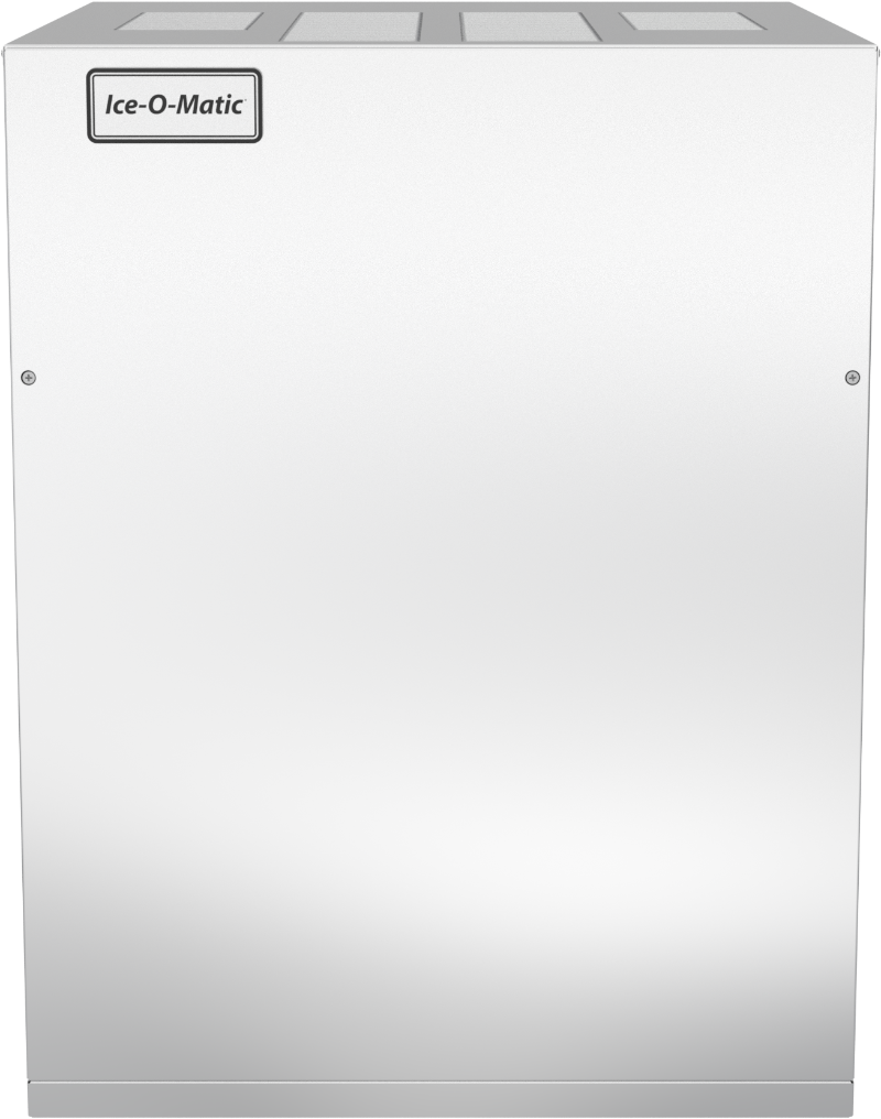 A silver, box-shaped commercial ice machine with a smooth front panel and an air-cooled condenser. The top left corner displays a label reading Ice-O-Matic. Its metallic surface is minimalistic, with visible screws near the edges.