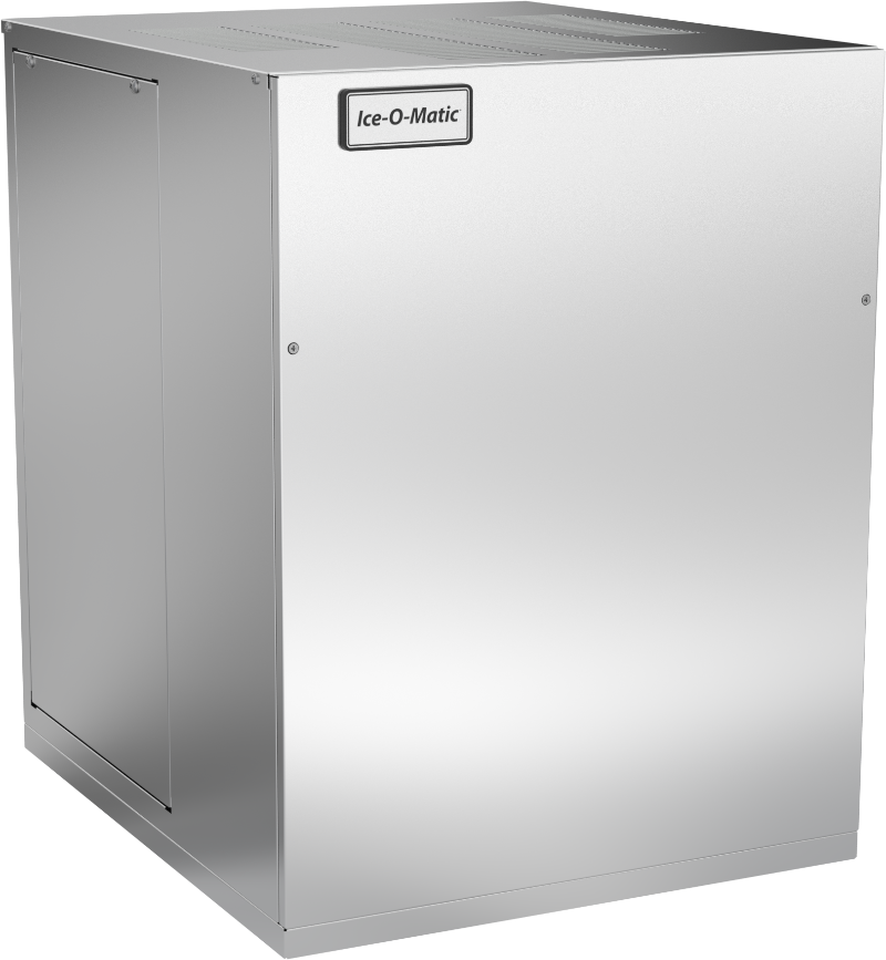 A stainless steel commercial ice maker with a smooth, boxy design and visible “Ice-O-Matic” logo on the upper front panel. Featuring an air-cooled condenser, this machine has a plain, industrial appearance with small screws visible on the front.
