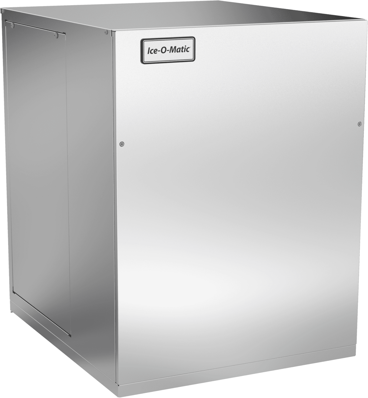 A large, rectangular, stainless steel commercial Quartz Ice® Maker with smooth surfaces and minimal visible controls. The front displays a label reading Ice-O-Matic near the top. This air cooled remote condensed unit features clean lines and a modern, industrial design.