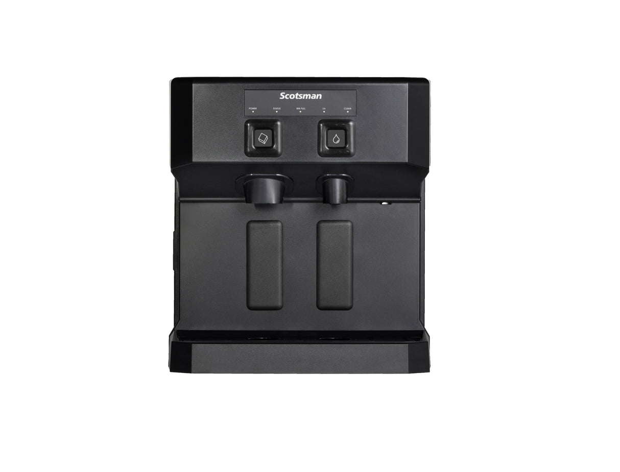 A black Scotsman-branded antimicrobial water dispenser with two labeled push buttons, dual spouts below, and a rectangular drip tray at the bottom, designed for easy access to ice and water—all set against a white background.