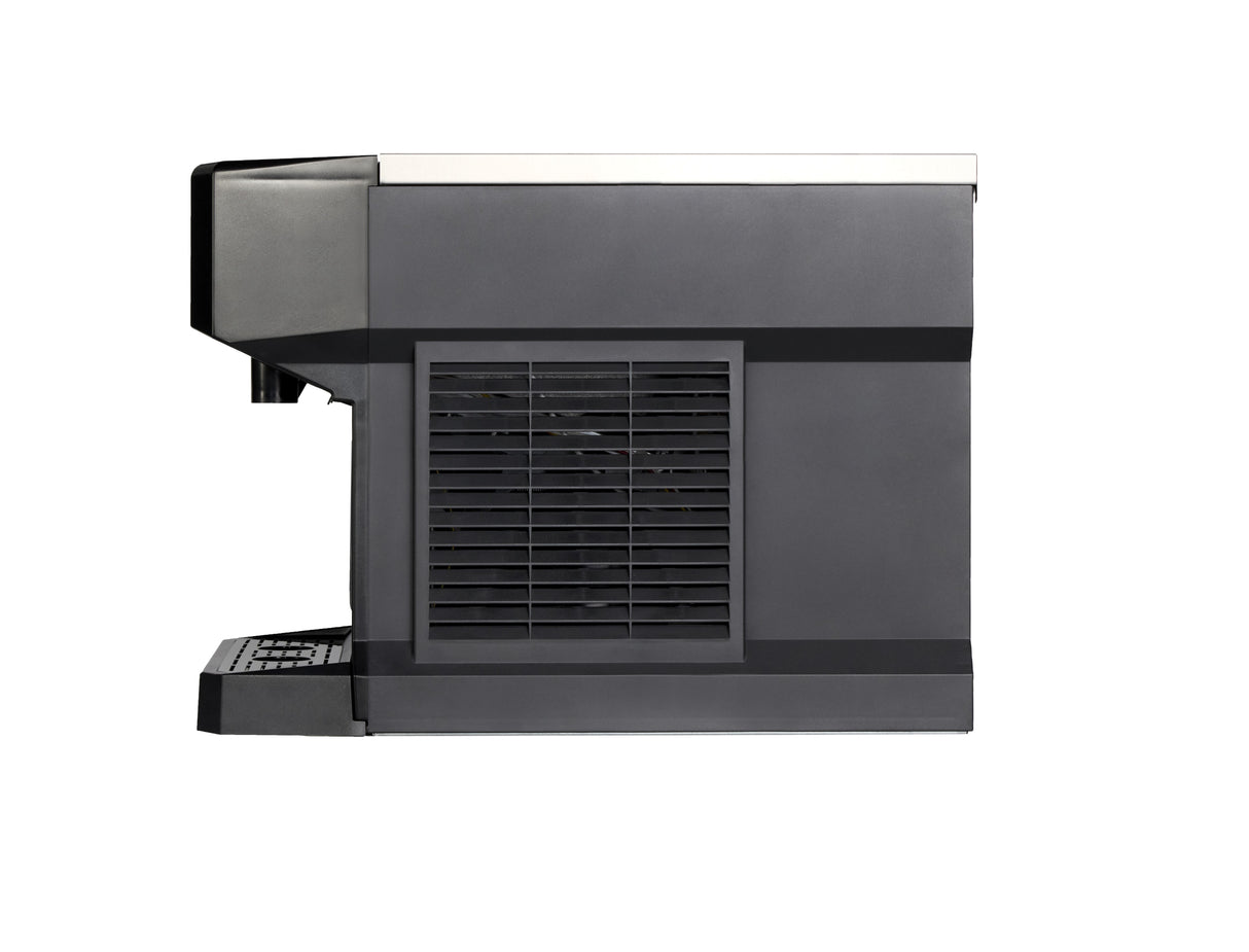 Side view of a modern black office printer or copier next to a compact nugget ice dispenser, both against a white background. The image highlights their sleek, utilitarian designs and functional elements like vented panels and control buttons.