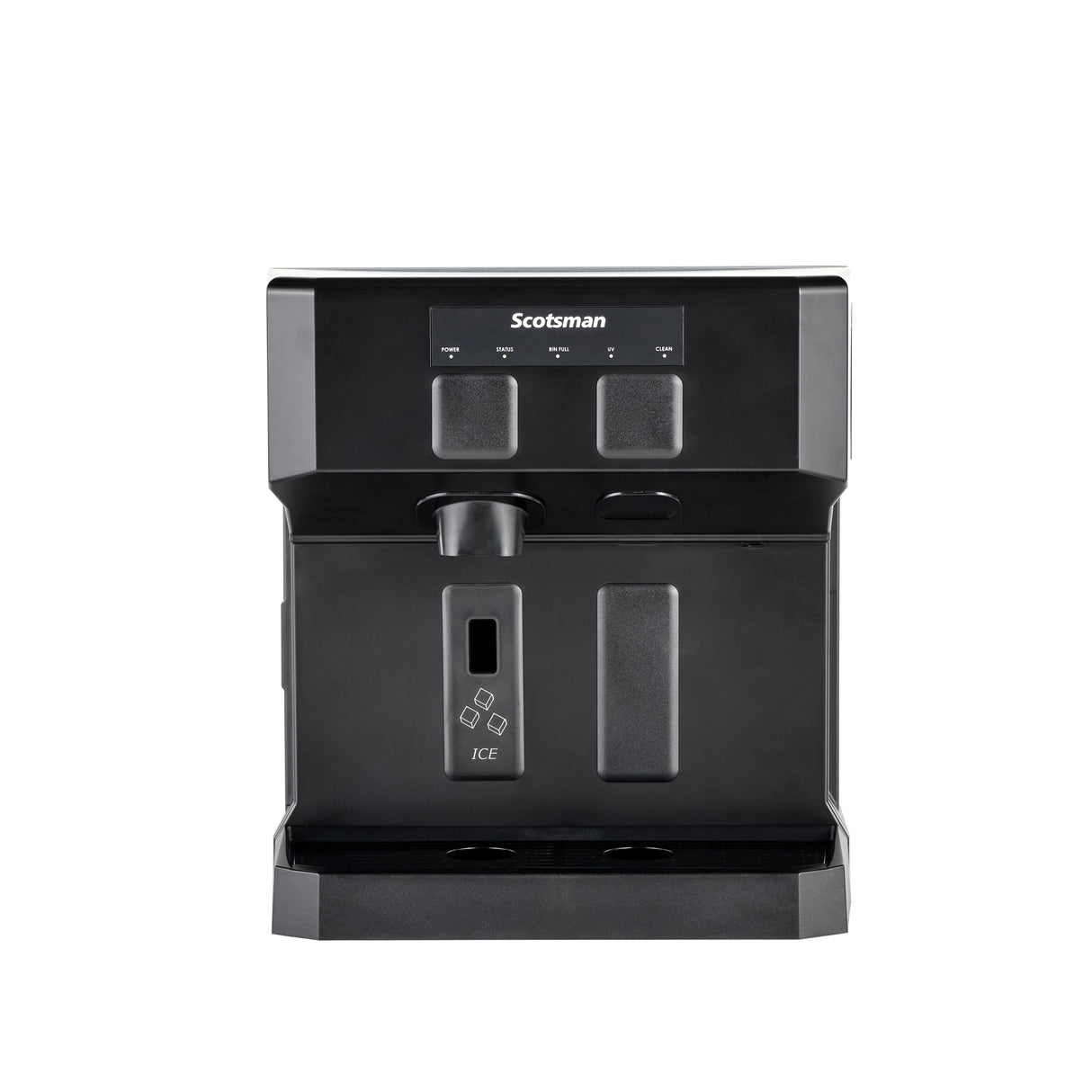 A compact ice and water dispenser, this black Scotsman model features a digital display panel, buttons, and dispensing area. Its sleek rectangular design includes a central spout and drip tray, offering chewable nugget ice against a plain white background.