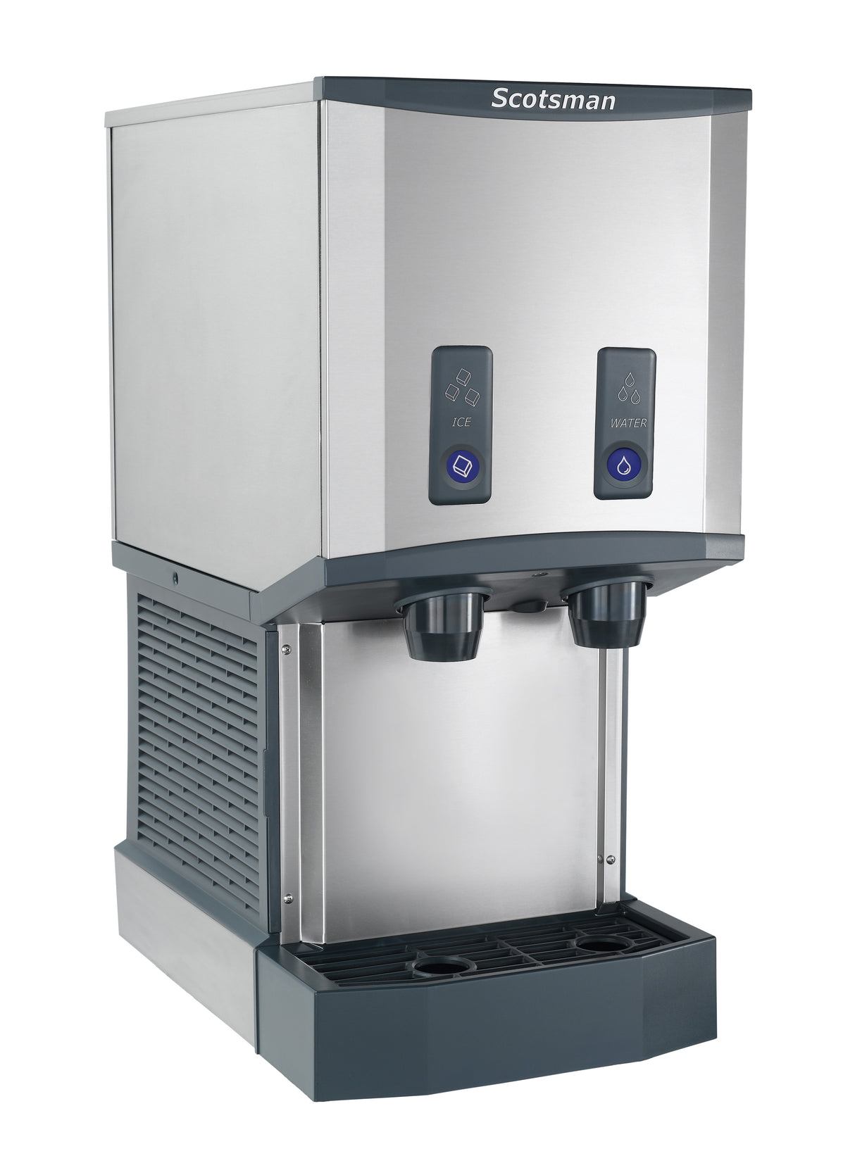The stainless steel Meridian Ice & Water Dispenser features antimicrobial protection, two labeled push buttons, two dispensing nozzles, a drip tray below, and a vented modern design—perfect for serving refreshing H2 Nugget Ice.