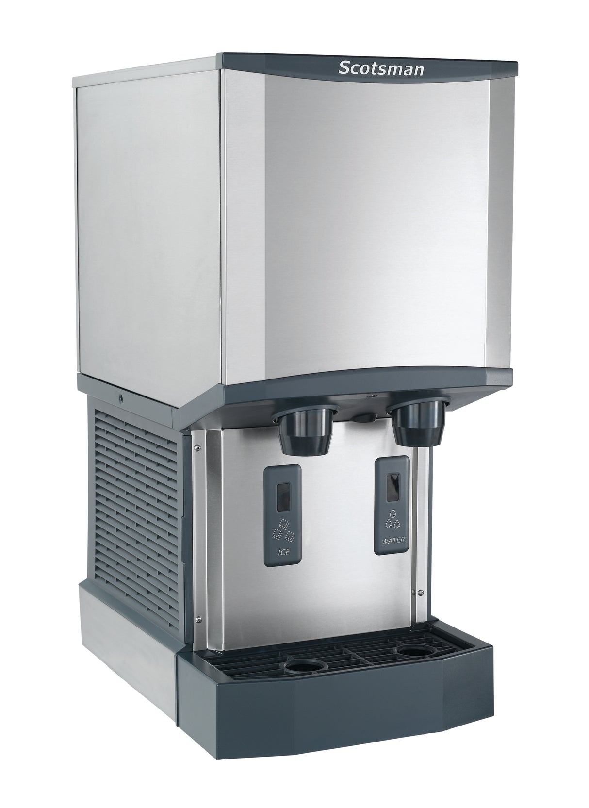A stainless steel Scotsman ice and water dispenser features touchfree dispensing, two black push levers labeled for ice and water, a drip tray below, and a vented side panel—all in a modern, boxy design. Enjoy refreshing nugget ice at your fingertips.