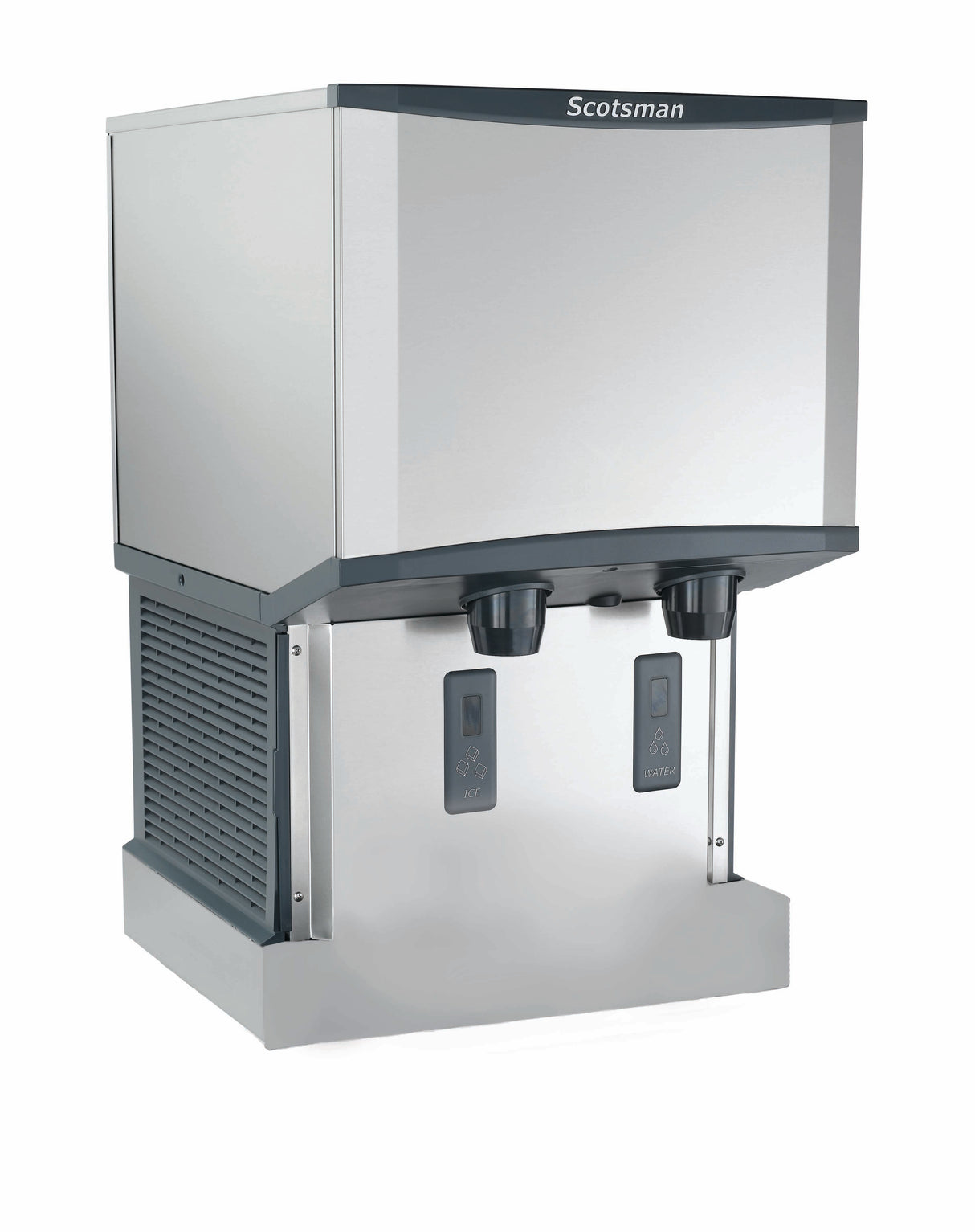 A stainless steel Scotsman Meridian Ice & Water Dispenser features touchfree infrared dispensing, two black nozzles, angled vents, digital display panels, and a sleek design. The brand name Scotsman appears at the top front of the machine.