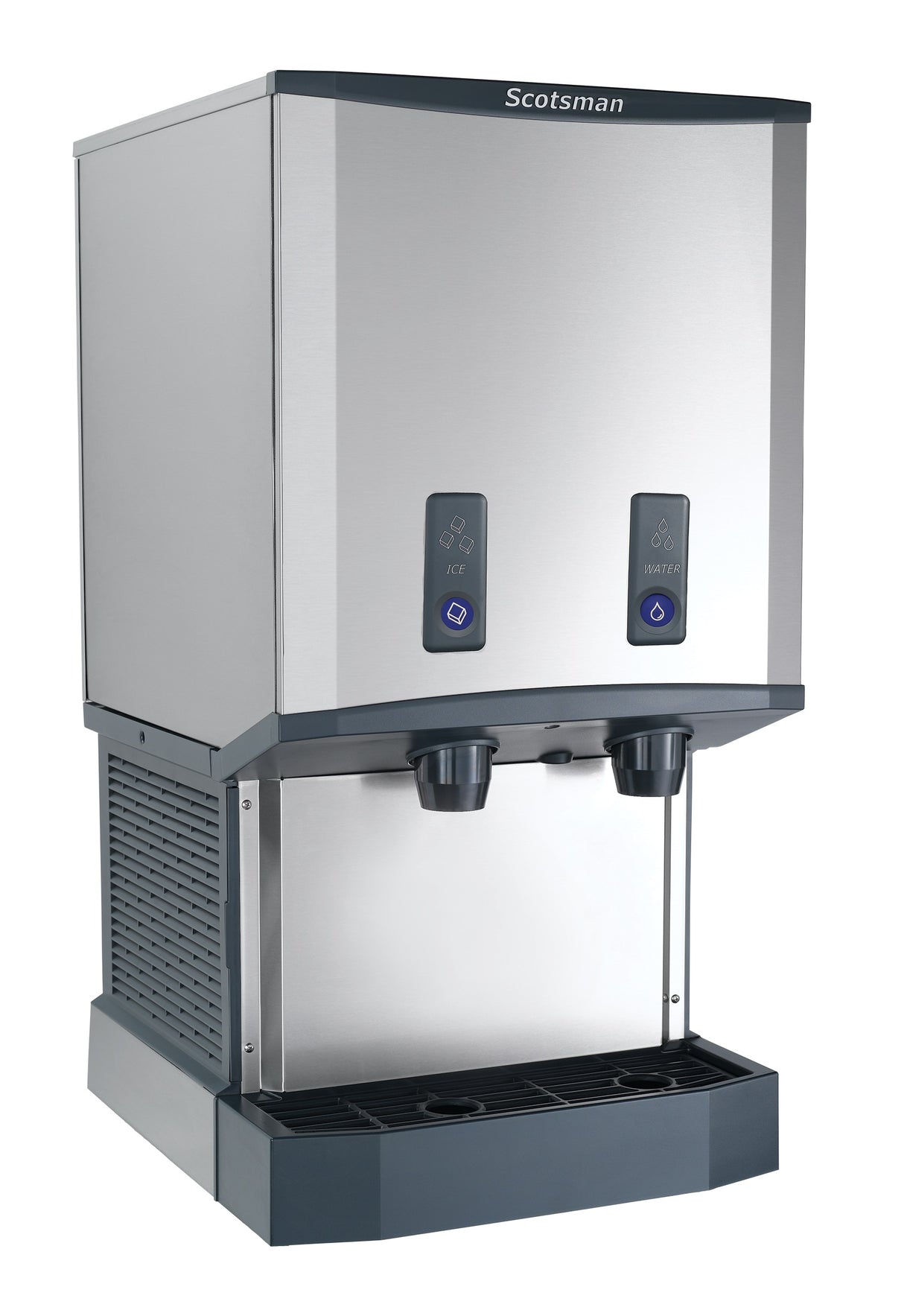 A stainless steel Meridian ice and water dispenser with two black dispensing nozzles, labeled buttons for ice and water, a drip tray below, and a modern, boxy design suitable for commercial or office use.