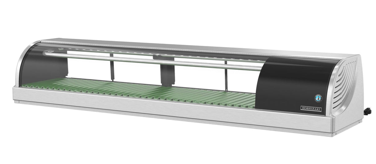 A Hoshizaki refrigerated sushi case, featuring stainless steel and curved glass, includes a green grooved tray inside. This countertop display case has right-side ventilation and a front logo label—perfect for elegantly showcasing fresh food.