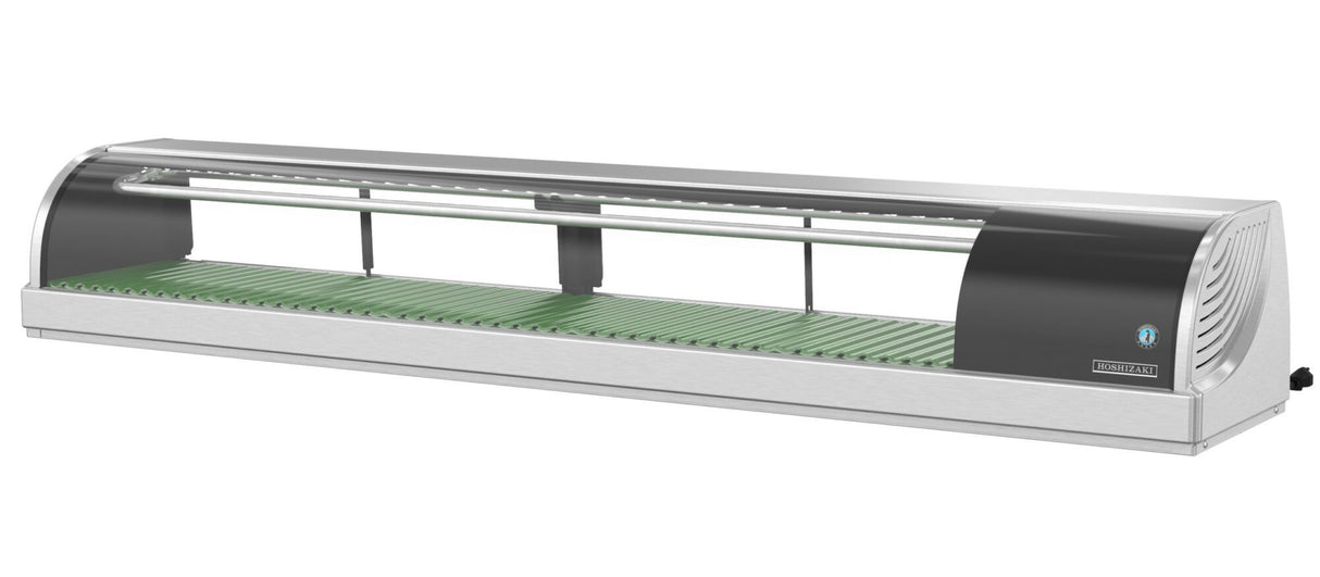 A Hoshizaki refrigerated sushi case, this countertop display case features a stainless steel body, curved glass front, green slatted base, and interior fluorescent light. It has a power switch on the right side and is perfect for showcasing sushi or other chilled foods.