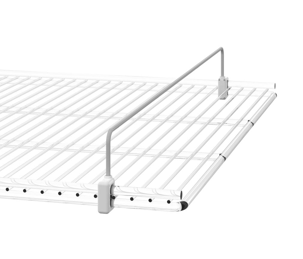 A white metal wire shelf with a vertical divider attached, designed for organization. The HS-5515 bottle rail guide from Hoshizaki features a thin rectangular bar secured by two plastic clips and evenly spaced parallel wires.
