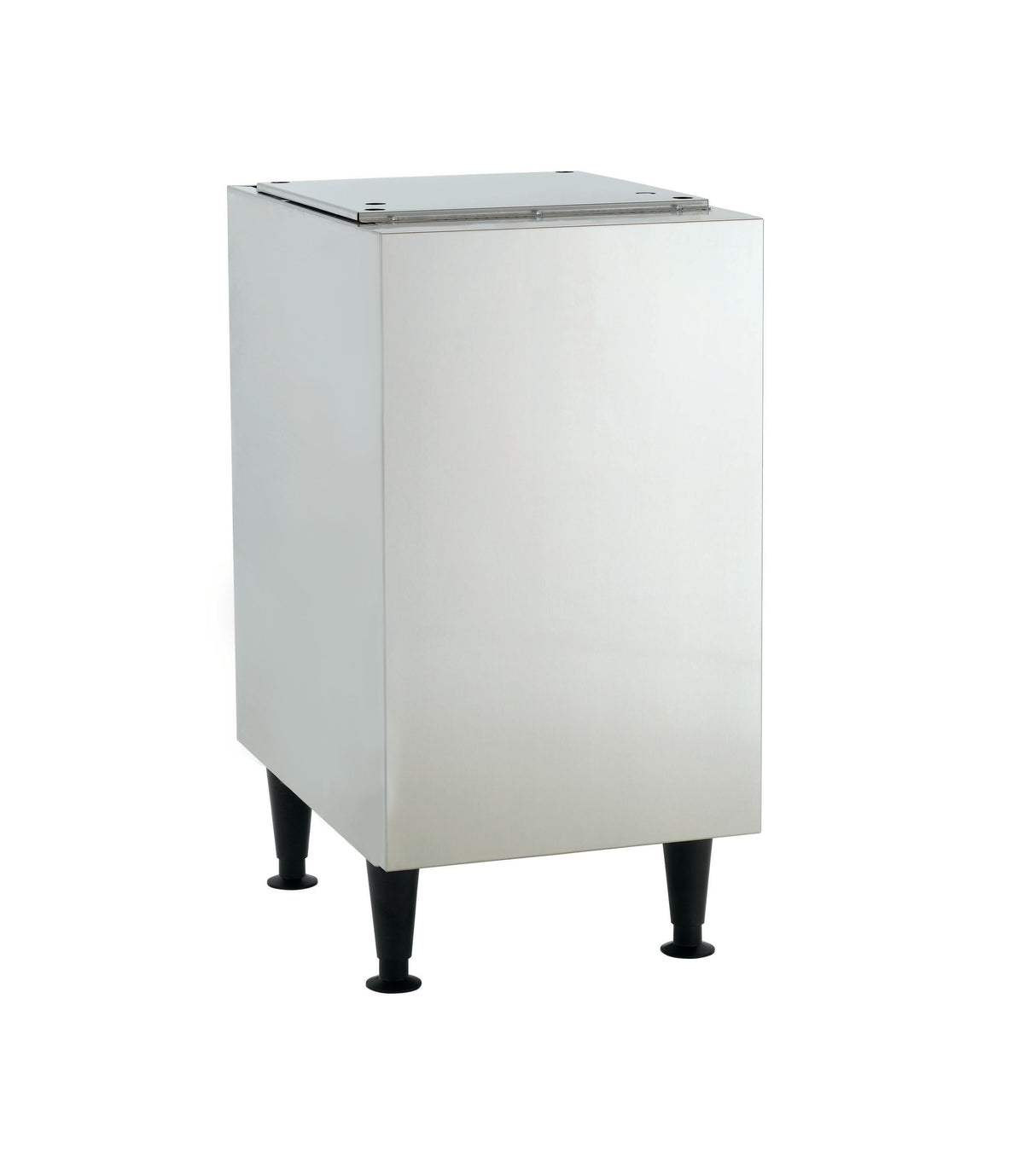 This stainless steel HID312 machine stand features a rectangular design with a flat top lid and four black legs. Its smooth, reflective surface and clean lines offer modern simplicity, making it ideal for contemporary spaces.