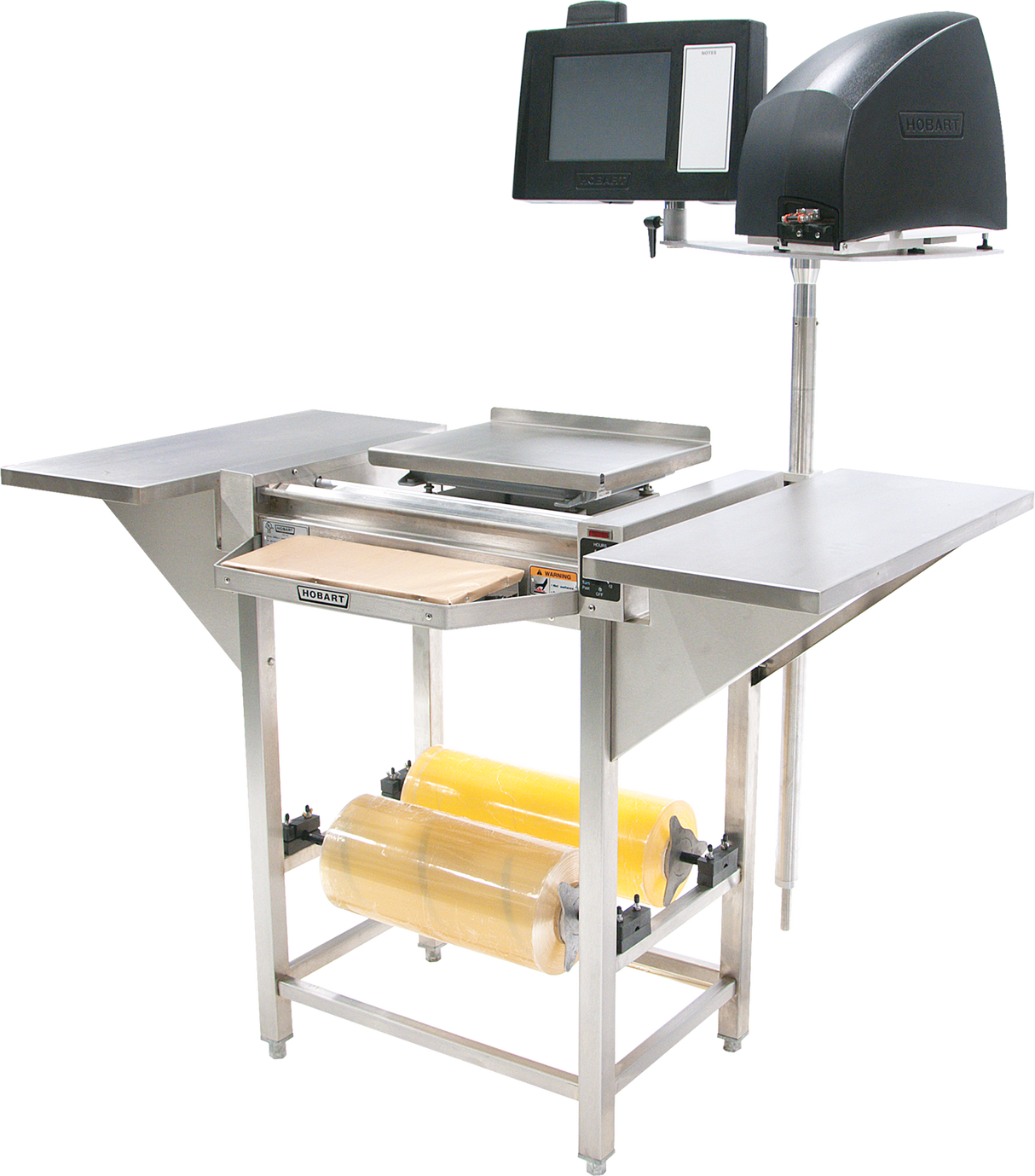 The Hobart Hand Wrap Station features a 20 film capacity, two yellow rolls of plastic wrap, a stainless steel work surface, extended side tables, and an overhead touchscreen control panel for efficient commercial food wrapping.