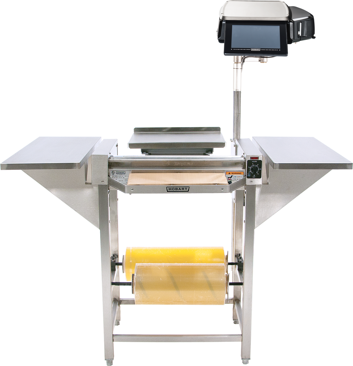 A Hobart Hand Wrap Station with 20 film capacity features stainless steel construction, side shelves, a yellow plastic wrap roll at the base, heated central platform, and an elevated arm with touchscreen scale and label printer. Plain white background.