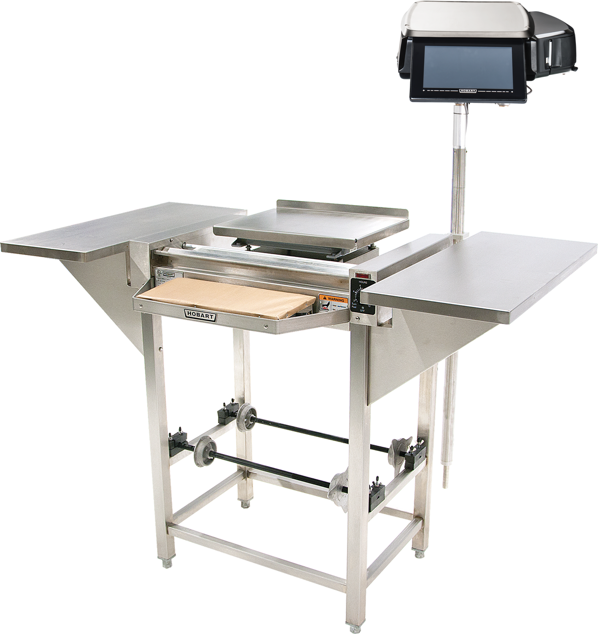 A stainless steel Hobart commercial dough sheeter with two side trays, a central conveyor belt, adjustable rollers underneath, and a digital control panel mounted on a stand to the right. Ideal for processing dough in bakeries.