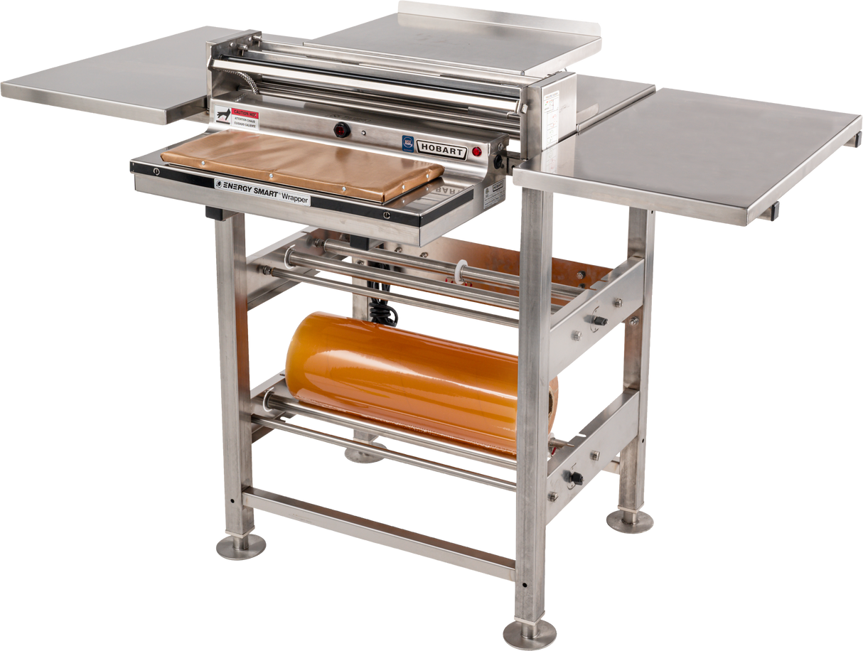 A stainless steel commercial dough sheeter with two side tables, roll film capacity, a roller mechanism on top, digital controls, a safety guard, and an orange rolling pin stored underneath. The Hobart machine is ideal for bakery or kitchen use.