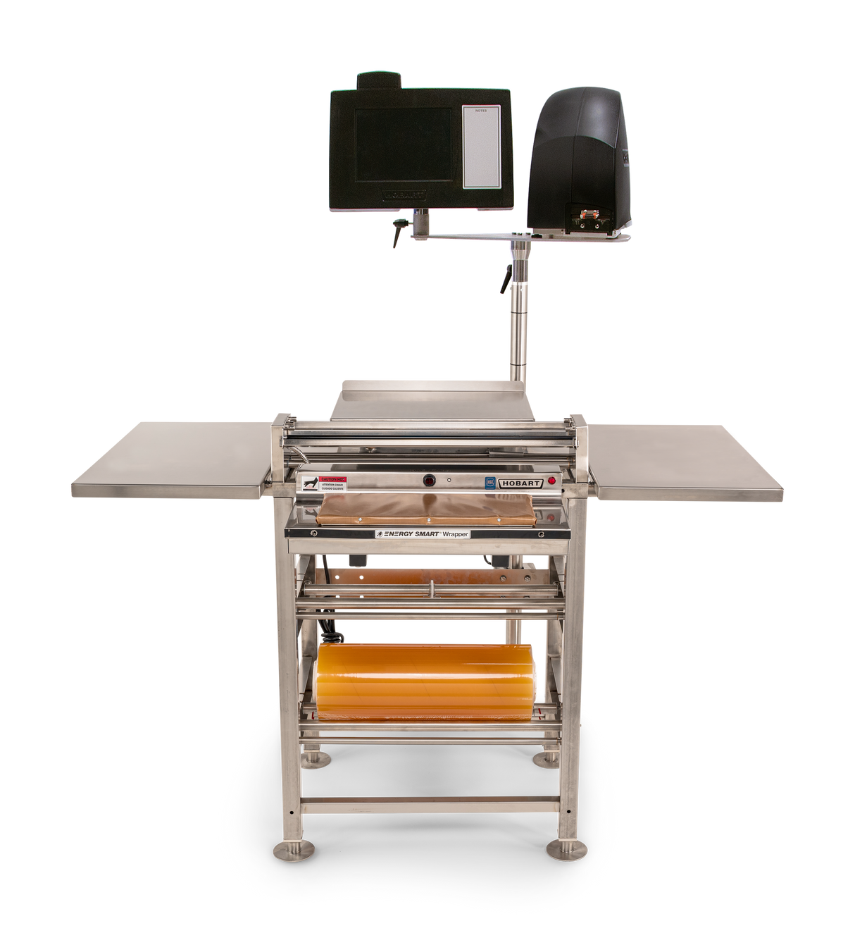 A stainless steel Energy Smart Hand Wrap Station features a roller conveyor, two side tables, a mounted monitor, label printer, roll film capacity underneath, and a clean design—ideal for efficient packaging or sorting tasks.