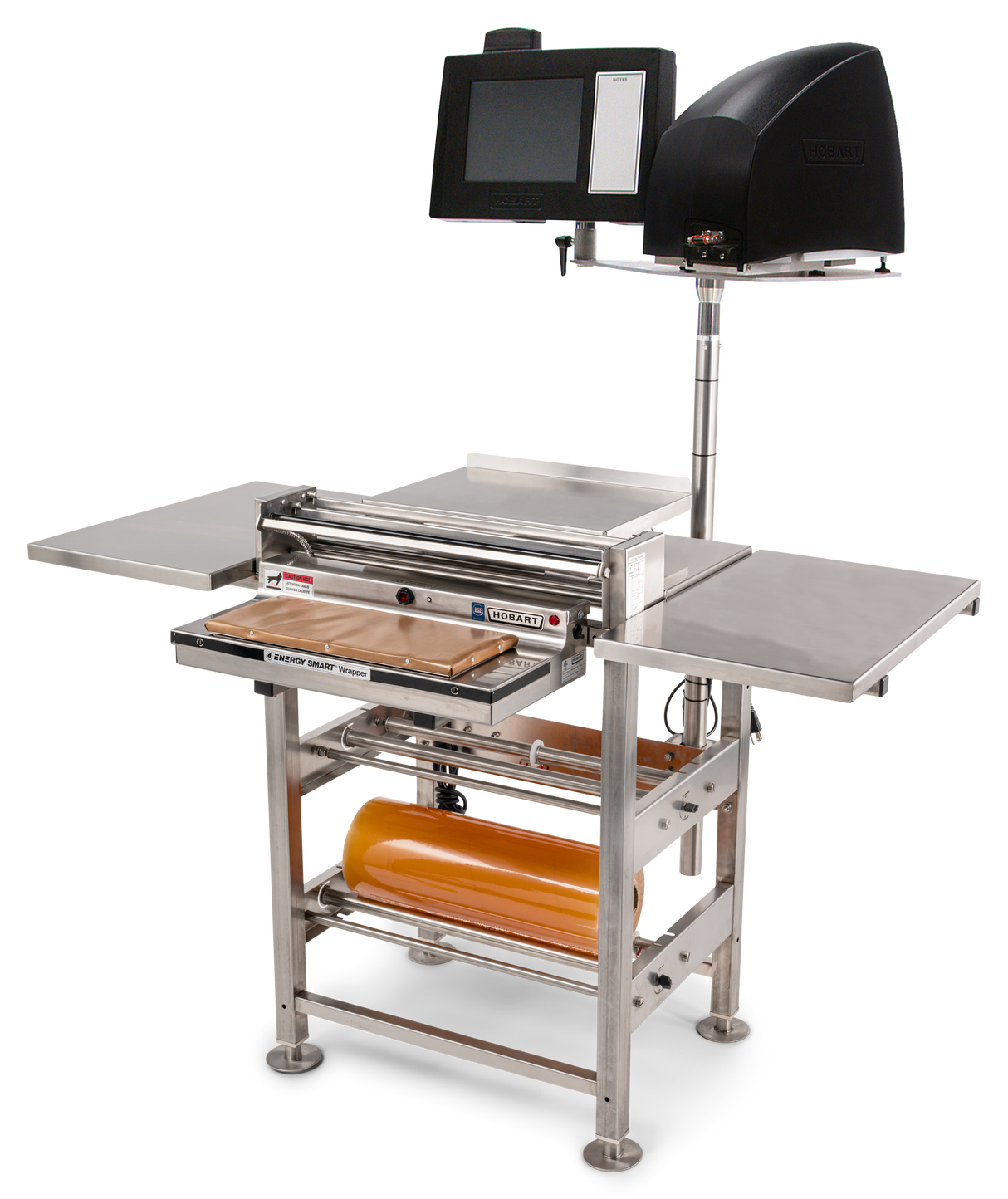 A stainless steel food packaging machine with a touchscreen control panel, impressive roll film capacity, and heated seal plate for sealing trays or containers, set against a plain white background. Orange plastic film sits on the holder above the rectangular sealing area.