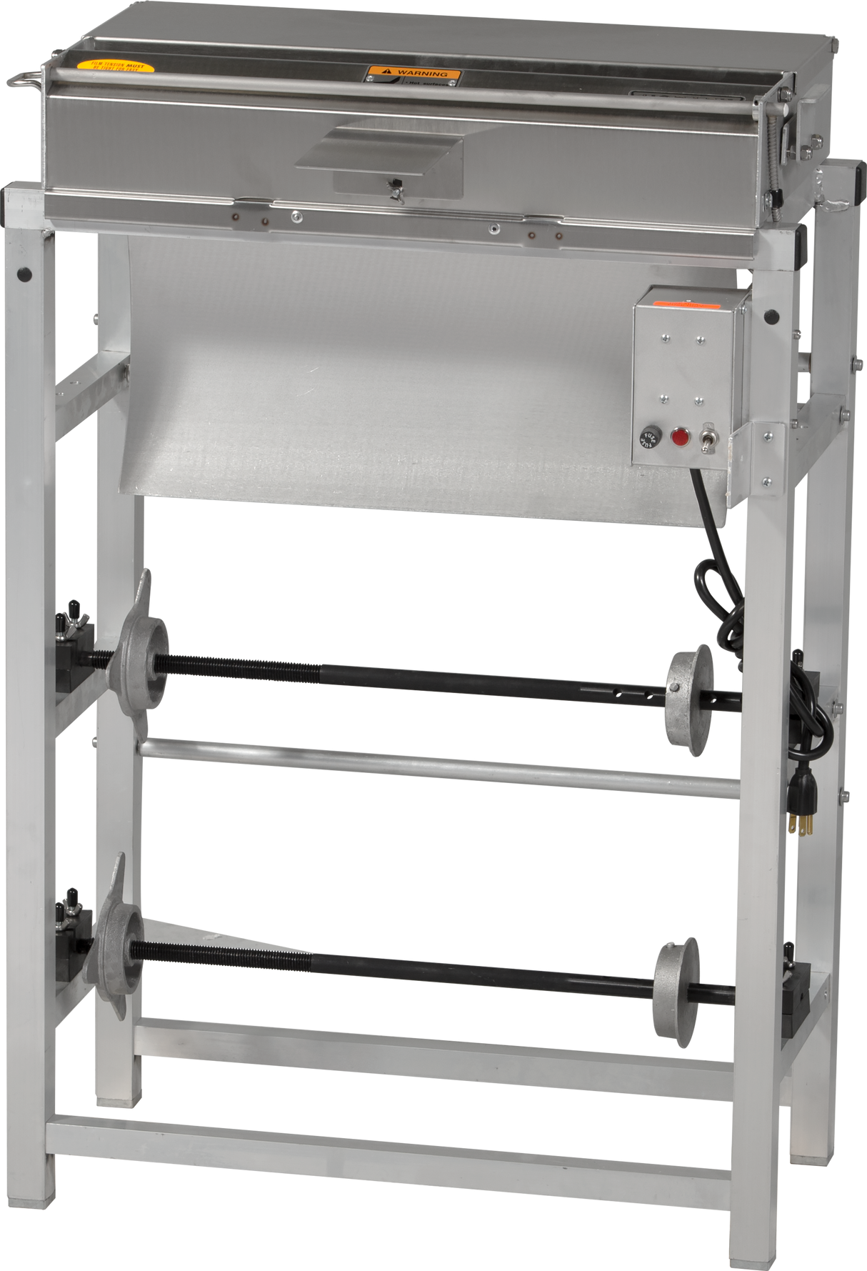 A stainless steel packaging machine with a control panel on the right side, featuring buttons and indicator lights. Includes a wrap station and two horizontal metal bars with adjustable discs, supported by a rectangular frame. Power cord visible on the right.