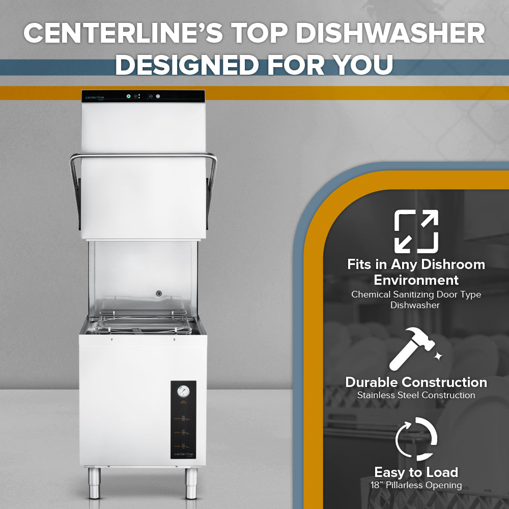 A commercial Centerline Dishwasher with an open hood is shown left. Right side features text: ENERGY STAR rated, Fits in Any Dishroom Environment, Durable Construction, and Easy to Load with related icons, on a gray and yellow geometric background.
