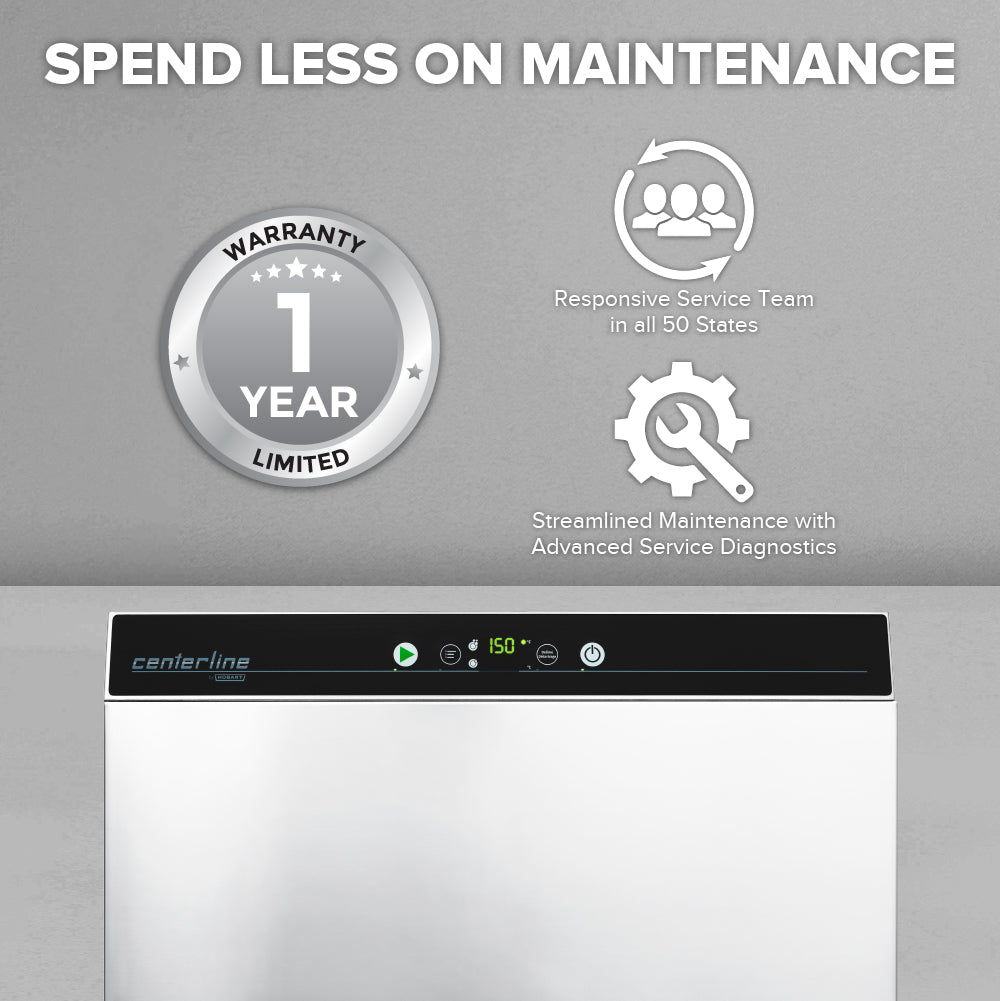 Silver 1 Year Limited Warranty badge, ENERGY STAR and chemical sanitizing icons for responsive service and streamlined diagnostics, plus the headline Spend Less on Maintenance appear above a stainless steel Centerline Dishwasher with digital display. Gray background.