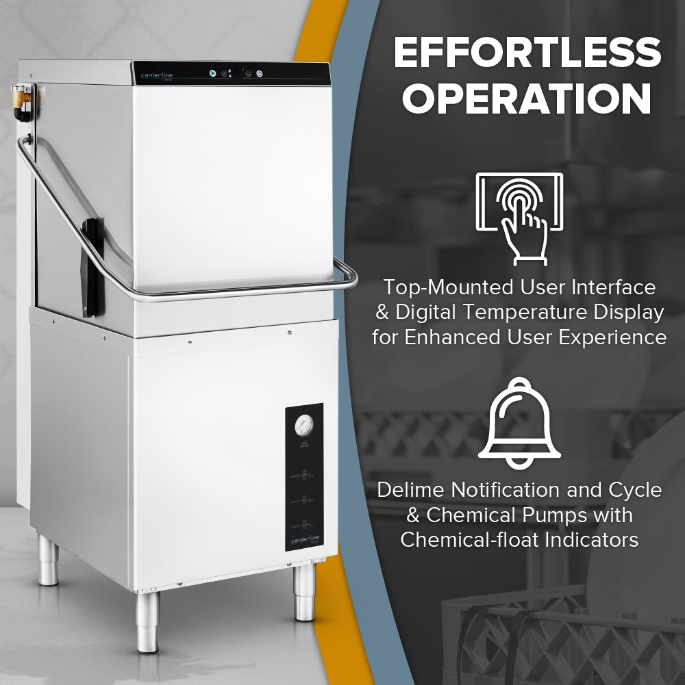 A Centerline Dishwasher with top-mounted controls is shown. Beside it, text reads: EFFORTLESS OPERATION. ENERGY STAR certified for efficiency, featuring chemical sanitizing, digital temperature display, and chemical-float indicators.