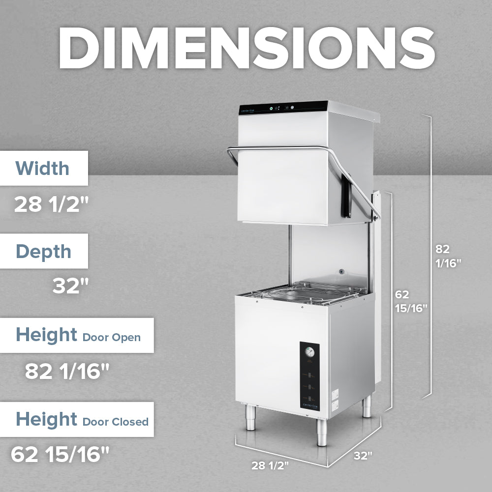 A Centerline Dishwasher with a lift-up door is shown against a gray background. Featuring ENERGY STAR efficiency, its dimensions are: width 28 1/2, depth 32, height with door closed 62 15/16, and open 82 1/16. Measurement lines indicate size.