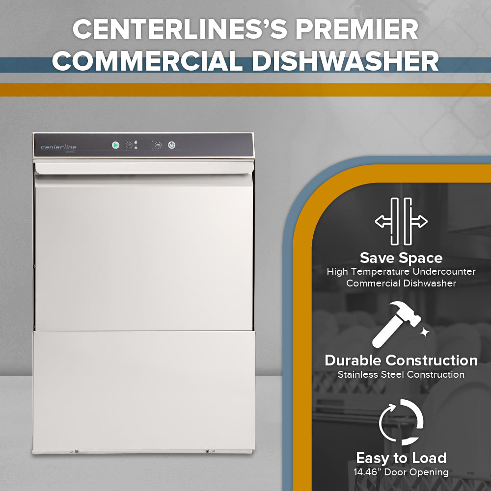 A silver undercounter dishwasher is shown front-facing with text above reading “Centerline’s Premier Commercial Dishwasher.” Icons highlight features: ENERGY STAR certified, durable stainless-steel construction, easy loading with a 14.46-inch door opening.