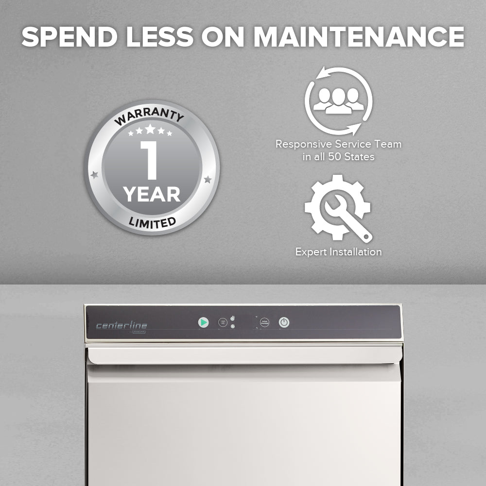 A silver undercounter dishwasher front with SPEND LESS ON MAINTENANCE above it. Icons highlight ENERGY STAR efficiency, a 1-year limited warranty, a responsive service team in all 50 states, and expert installation on a light gray background.