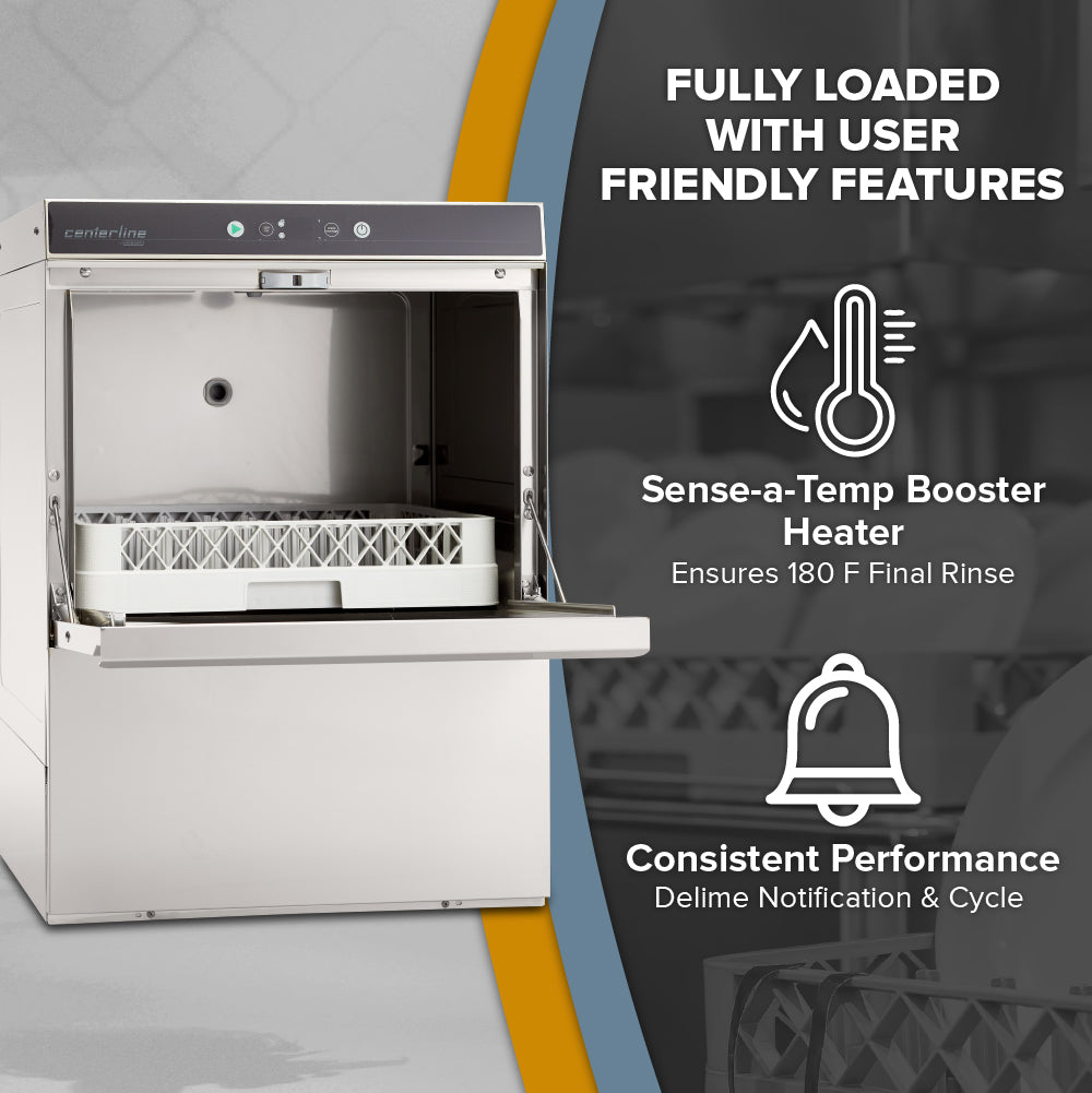 A commercial undercounter dishwasher with its door open, showing a white rack inside. To the right, text reads: Fully loaded with user friendly features, high temperature sanitizing at 180°F final rinse, ENERGY STAR efficiency, and delime notification.