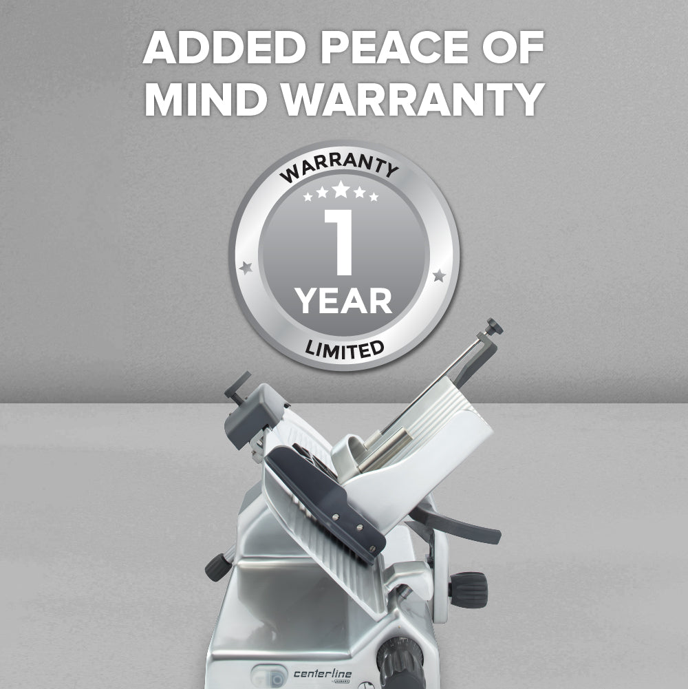 A Hobart Edge Series Slicer with a 12 carbon steel knife sits on a gray surface. Above, bold white text reads “ADDED PEACE OF MIND WARRANTY,” and below is a silver badge showing WARRANTY 1 YEAR LIMITED.