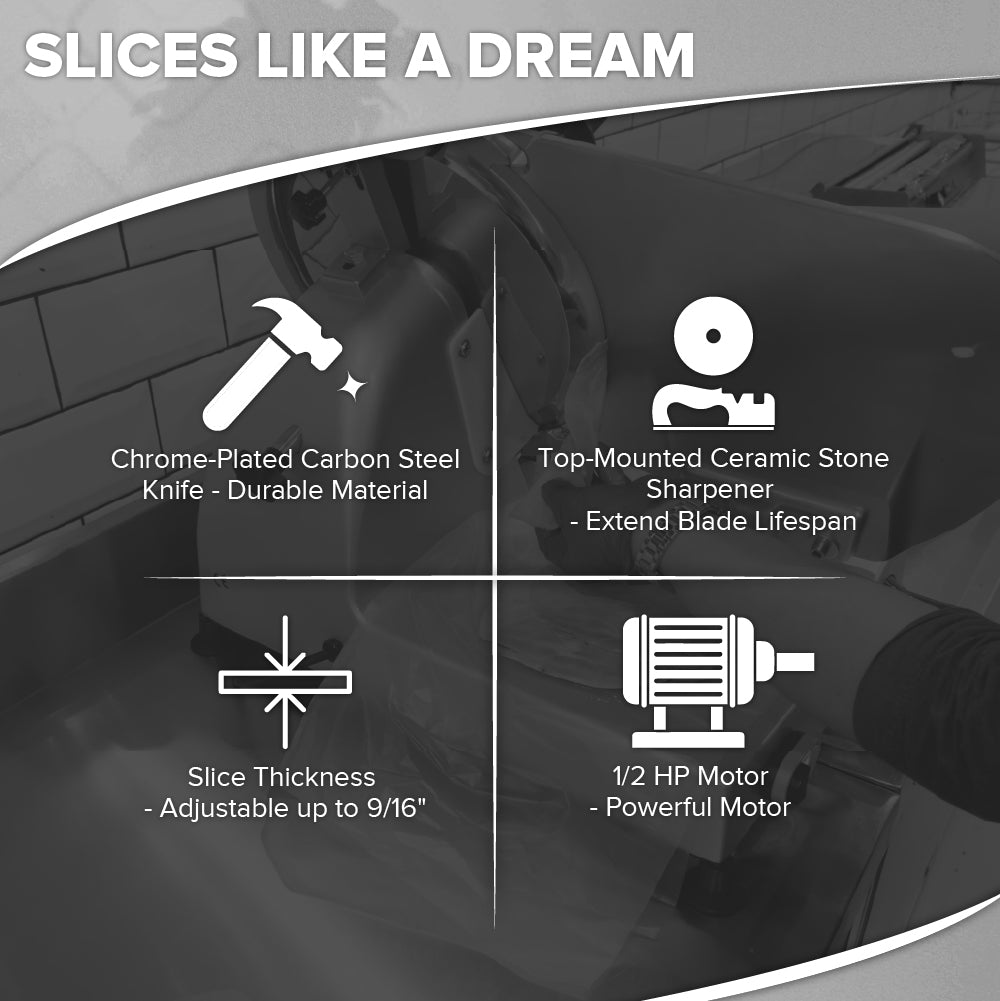 A grayscale infographic titled Slices Like a Dream highlights the Hobart Edge Series Slicer: a hammer for its 12 carbon steel knife, a sharpener for the top-mounted stone, vertical lines for adjustable thickness, and a motor for the manual meat slicer’s 1/2 HP power.