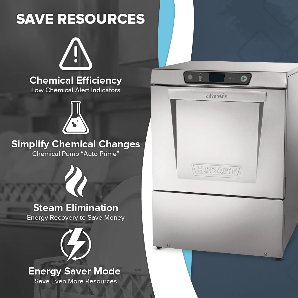 A stainless steel Hobart undercounter dishwasher is shown on the right. On the left, four icons highlight features: chemical efficiency, easy chemical changes, energy recovery through steam elimination, and high temperature sanitizing. The headline reads “Save Resources.”.
