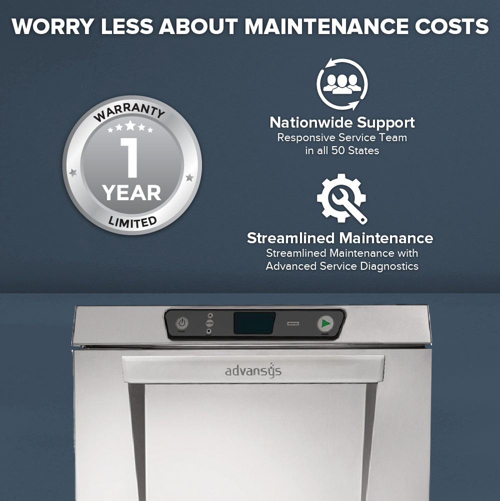 A stainless steel undercounter dishwasher front with the Advansys logo and control panel. Above, text highlights a 1-year limited warranty, nationwide support, and streamlined maintenance with advanced diagnostics, all on a plain blue background.