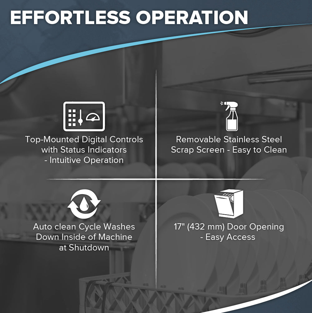 Infographic titled “Effortless Operation” highlights features of this undercounter dishwasher: digital controls with status indicators, removable stainless steel scrap screen, auto clean cycle, and a 17-inch door opening—plus high temperature sanitizing.