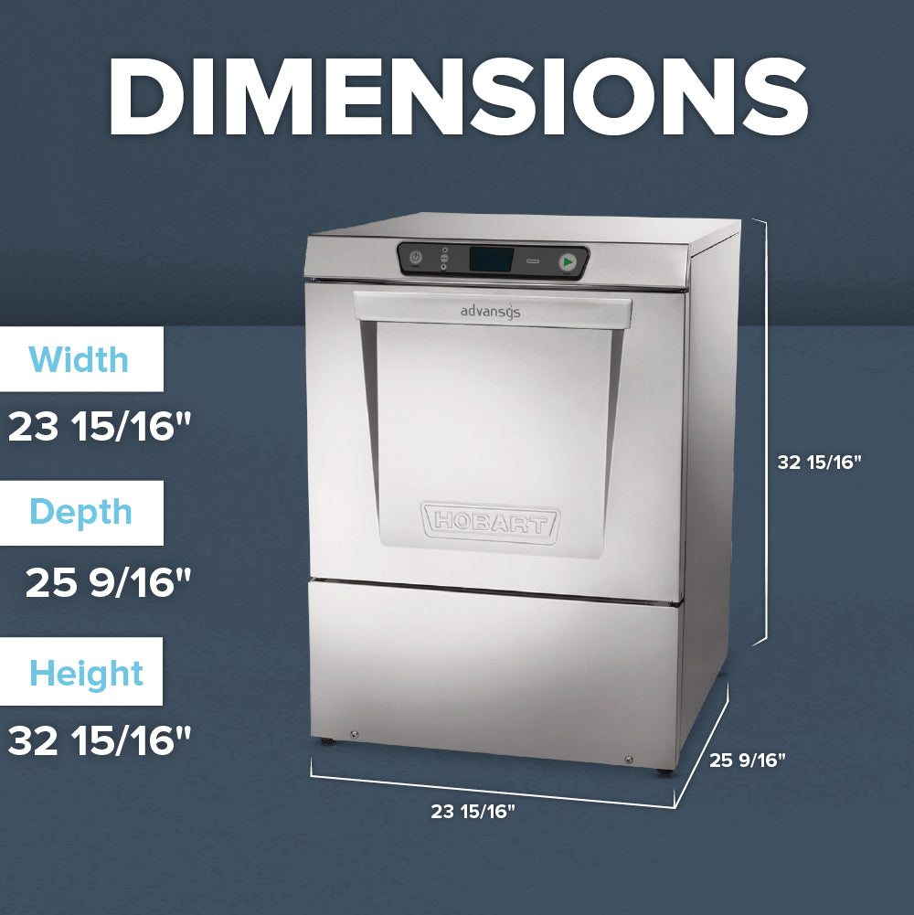 A commercial stainless steel undercounter dishwasher with a digital display is shown. Overlay text lists its dimensions: Width 23 15/16, Depth 25 9/16, Height 32 15/16. The dark blue background features “DIMENSIONS” in large white text above.